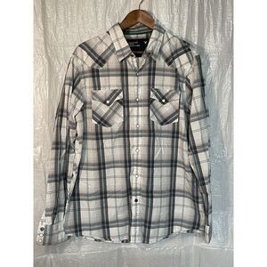 American Eagle‎ Vintage Fit Gray Blue Plaid Western Snap Long Sleeve Shirt XL